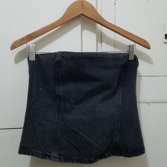 NWT TRF RHINESTONE SPIDERWEB STRAPLESS DENIM TOP - Picture 4 of 7